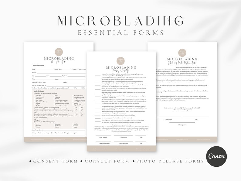 May include: Three printable forms for microblading services. The forms are titled "Consultation Form", "Consent & Liability", and "Photo and Video Release Form".