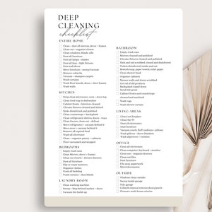 May include: A printable deep cleaning checklist with a minimalist design. The checklist is divided into categories for the entire home, kitchen, bathroom, bedrooms, laundry room, living areas, office, and outside. Each category includes a list of cleaning tasks.