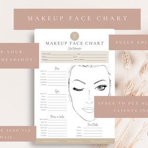 May include: A printable makeup face chart template with a line drawing of a face. The chart includes sections for base, eyes, brows & lashes, and face color. The text "MAKEUP FACE CHART" is at the top of the page. The text "FULLY EDITABLE" is at the top right corner of the page. The text "SPACE TO PUT ALL YOUR CLIENTS INFO" is in the bottom right corner of the page. The text "Canva" is in the bottom right corner of the page.