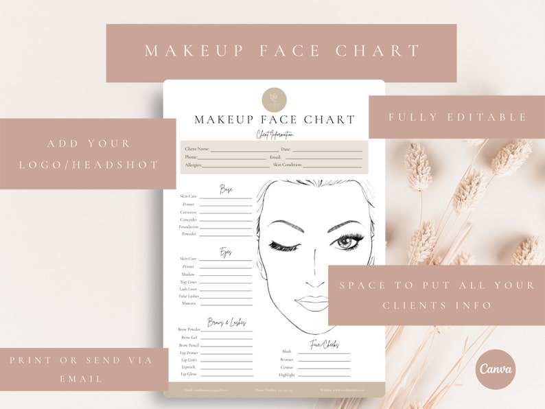 May include: A printable makeup face chart template with a line drawing of a face. The chart includes sections for base, eyes, brows & lashes, and face color. The text "MAKEUP FACE CHART" is at the top of the page. The text "FULLY EDITABLE" is at the top right corner of the page. The text "SPACE TO PUT ALL YOUR CLIENTS INFO" is in the bottom right corner of the page. The text "Canva" is in the bottom right corner of the page.