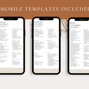 May include: Three mobile phone screen mockups displaying cleaning checklists for weekly, monthly, and deep cleaning. Each checklist includes a list of tasks for different areas of the home, such as the kitchen, bathroom, living room, and bedroom.