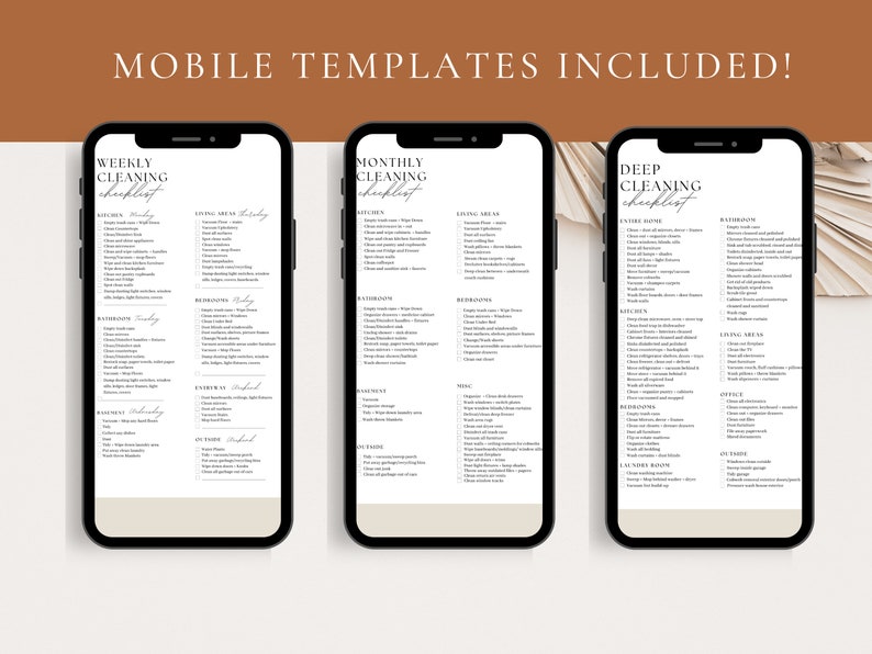 May include: Three mobile phone screen mockups displaying cleaning checklists for weekly, monthly, and deep cleaning. Each checklist includes a list of tasks for different areas of the home, such as the kitchen, bathroom, living room, and bedroom.