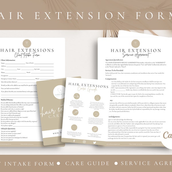 Contrat d'extensions de cheveux MODIFIABLES, Formulaire de consultation d'extensions de cheveux, Carte après-soins d'extensions de cheveux, Accord d'extension de cheveux, MODÈLE CANVA