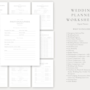 May include: A digital wedding planner worksheet set with a white background and black text. The worksheets include sections for wedding details, budget, vendors, and more. The text "Wedding Planner Worksheets" is at the top of the page.