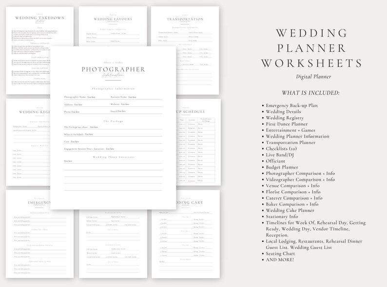 May include: A digital wedding planner worksheet set with a white background and black text. The worksheets include sections for wedding details, budget, vendors, and more. The text "Wedding Planner Worksheets" is at the top of the page.