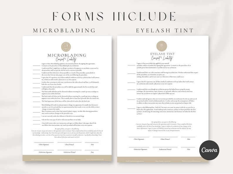 May include: Two forms, one for microblading and one for eyelash tint, with a consent and liability waiver. Both forms have checkboxes, lines for signatures, and spaces for printed names and dates.