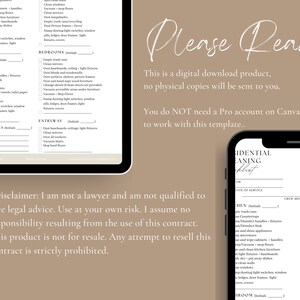May include: A printable checklist for residential cleaning services. The checklist includes sections for bathroom, bedrooms, entryway, kitchen, living areas, and other services. The checklist is designed to be used by cleaning professionals.