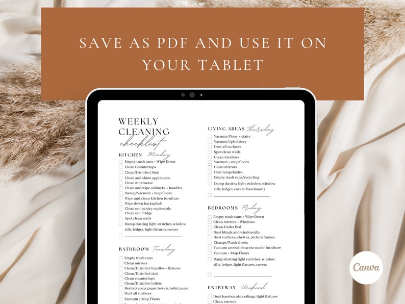 May include: A digital tablet displaying a weekly cleaning checklist with tasks organized by day and room. The checklist includes tasks like emptying trash cans, cleaning countertops, vacuuming floors, dusting surfaces, and changing bed sheets. The tablet is on a beige surface with a brown background.