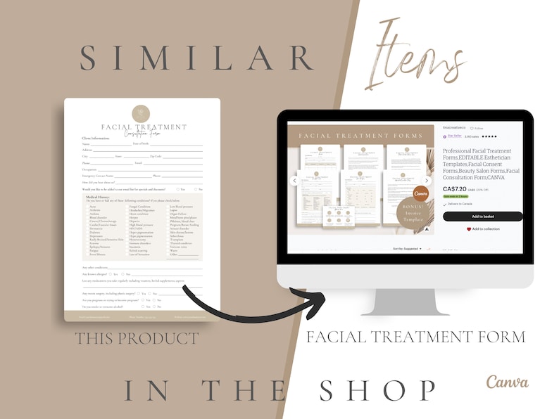 Peut inclure: Une maquette num&eacute;rique d'un &eacute;cran d'ordinateur affichant une fiche produit Canva pour un ensemble de formulaires de traitement facial imprimables. La fiche produit comprend une description des formulaires, un prix de 7,20 $CA et un bouton pour ajouter le produit au panier. L'image montre &eacute;galement un exemple de formulaire, qui comprend des sections pour les informations du client, les ant&eacute;c&eacute;dents m&eacute;dicaux et les d&eacute;tails du traitement.