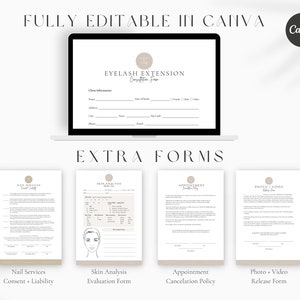 May include: A digital mockup of a laptop screen displaying a customizable eyelash extension consultation form. Below the laptop are four additional forms: a nail services consent and liability form, a skin analysis evaluation form, an appointment cancellation policy form, and a photo and video release form.