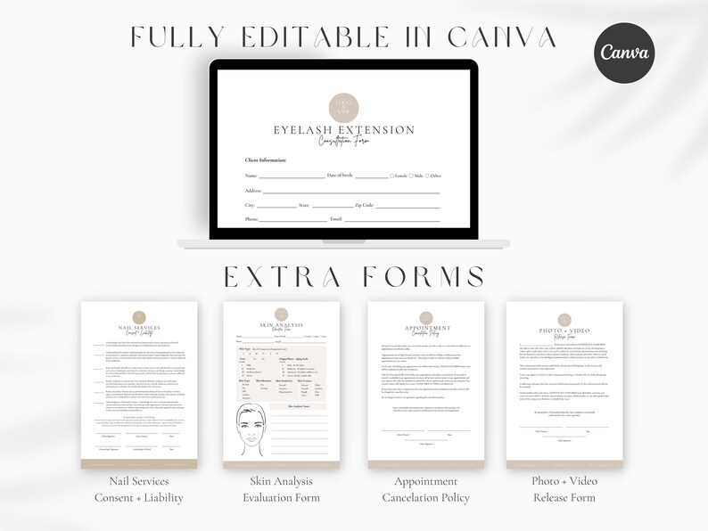 May include: A digital mockup of a laptop screen displaying a customizable eyelash extension consultation form. Below the laptop are four additional forms: a nail services consent and liability form, a skin analysis evaluation form, an appointment cancellation policy form, and a photo and video release form.