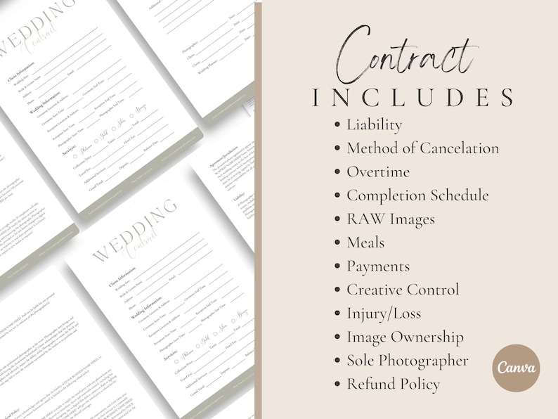 Wedding Photography Contract Template, Photography Forms, 5 page Contract Template,Photography Contract for Photographers,CANVA Template zdjęcie 2