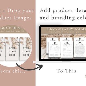 May include: A digital mockup of a laptop screen displaying three printable photography forms. The forms are titled "Model Release", "Booking Form", and "Photo Shoot Release". The forms are designed with a minimalist aesthetic and feature a neutral color palette.