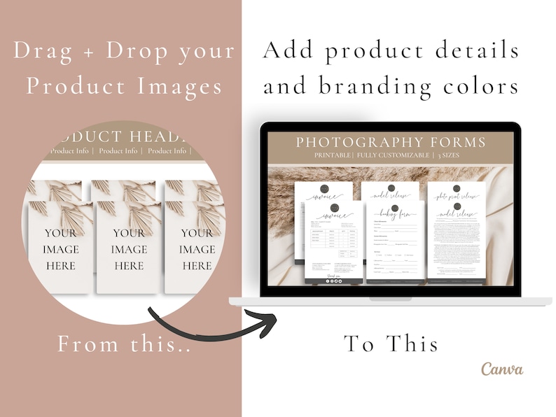 May include: A digital mockup of a laptop screen displaying three printable photography forms. The forms are titled "Model Release", "Booking Form", and "Photo Shoot Release". The forms are designed with a minimalist aesthetic and feature a neutral color palette.
