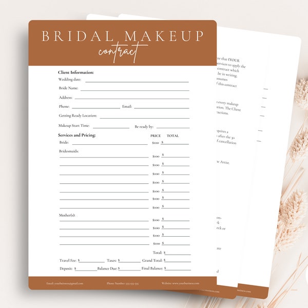 Bridal Makeup Contract Template,Freelance Makeup Artist Contract,Makeup Artist,Makeup Contract Template, Cosmetology CANVA TEMPLATE,Editable