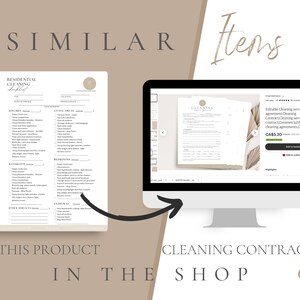 May include: A digital mockup of a cleaning contract template on a computer screen. The contract is designed in a minimalist style with a beige background and black text. The text on the screen reads "Editable Cleaning services agreement Cleaning Contract Cleaning services contact Commercial Residential cleaning appointments CANVA CA$5.20".