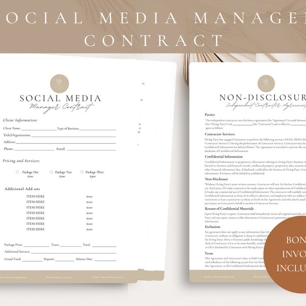 Professional Freelance Social Media Manager Contract Template,Social Media Management Contract Template, Social Media non disclosure, CANVA