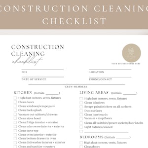 Professional Construction Cleaning Checklist,Editable House Construction Cleaning Template,Cleaning Service Business, Cleaning Service Form