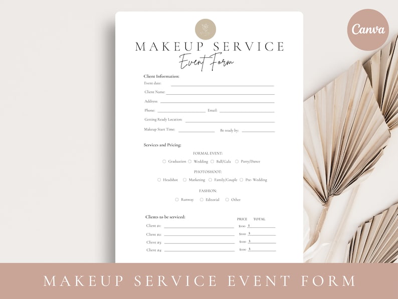 Op de afbeelding: Een printbaar formulier voor make-up service evenementen met secties voor klantgegevens, diensten en prijzen, en klanten die bediend moeten worden. Het formulier bevat selectievakjes voor verschillende make-up diensten, zoals formele evenementen, fotoshoots en mode.