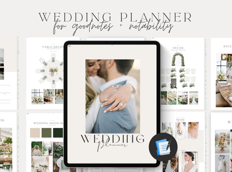 May include: A digital wedding planner for Goodnotes and Notability apps. The planner features a couple embracing, a wedding mood board, table decor, and a floral arch.