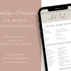 May include: A printable wedding photography shot list checklist with a light brown background. The checklist is divided into three sections: Getting Ready Details, Getting Ready Portraits, and Portraits. The checklist includes a list of shots to take for both the bride and groom.