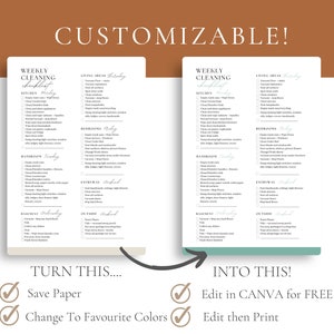 May include: A customizable weekly cleaning checklist template with a beige background and a green background. The checklist includes tasks for the kitchen, bathroom, bedroom, living area, entryway, outside, and basement. The text "TURN THIS... INTO THIS!" is written in black on a white background with checkmarks next to the text "Save Paper", "Change To Favourite Colors", "Edit in CANVA for FREE", and "Edit then Print".