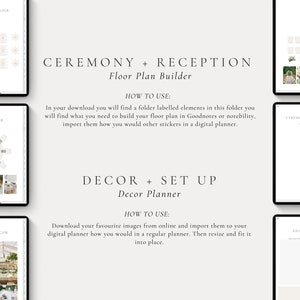 May include: A digital planner template for wedding planning. The template includes a floor plan builder for the ceremony and reception, as well as a decor planner for the reception. The template is designed to be used in Goodnotes or Notability.