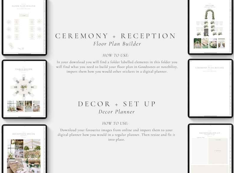 May include: A digital planner template for wedding planning. The template includes a floor plan builder for the ceremony and reception, as well as a decor planner for the reception. The template is designed to be used in Goodnotes or Notability.