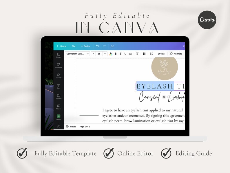 May include: A computer screen displaying a Canva document with a light blue background. The document is titled "Eyelash Tint Consent & Liability". The text reads: "I agree to have an eyelash tint applied to my natural eyelashes and/or retouched. By signing this agreement eyelash perm, brow lamination or eyelash tint by my"