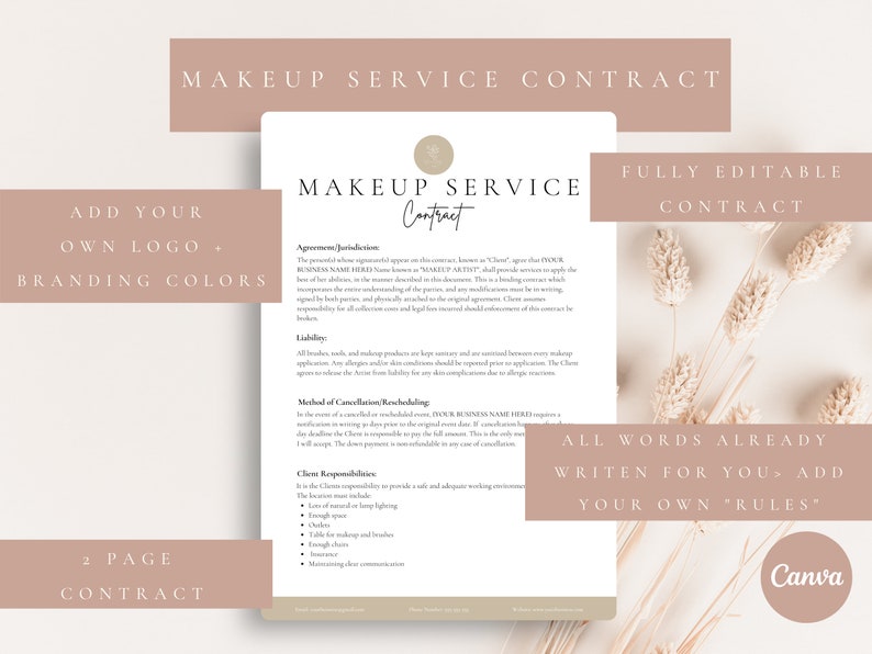 Op de afbeelding: Een afdrukbare sjabloon voor een make-up service contract met een beige achtergrond en een decoratief bloemenontwerp. De tekst op het contract luidt "Make-up Service Contract" en "Volledig bewerkbaar contract". De tekst bevat ook "Voeg uw eigen logo + merk kleuren toe" en "Alle woorden zijn al voor u geschreven - voeg uw eigen regels toe".