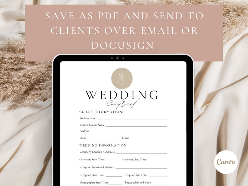 May include: A digital tablet displaying a wedding contract template with fields for client information, wedding date, ceremony and reception details, and photographer start and end times. The text "SAVE AS PDF AND SEND TO CLIENTS OVER EMAIL OR DOCUSIGN" is at the top of the screen.