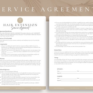 Puede incluir: Un contrato de servicio para extensiones de cabello. El documento describe los servicios prestados, la compensaci&oacute;n, la garant&iacute;a, las instrucciones de cuidado posterior y la pol&iacute;tica de reembolso. Tambi&eacute;n incluye secciones para que el estilista y el cliente firmen.