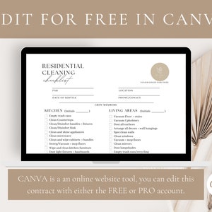May include: A digital checklist for residential cleaning services. The checklist includes sections for kitchen and living areas with tasks such as emptying trash cans, cleaning countertops, vacuuming floors, and dusting surfaces. The text "EDIT FOR FREE IN CANVA" appears at the top of the image.