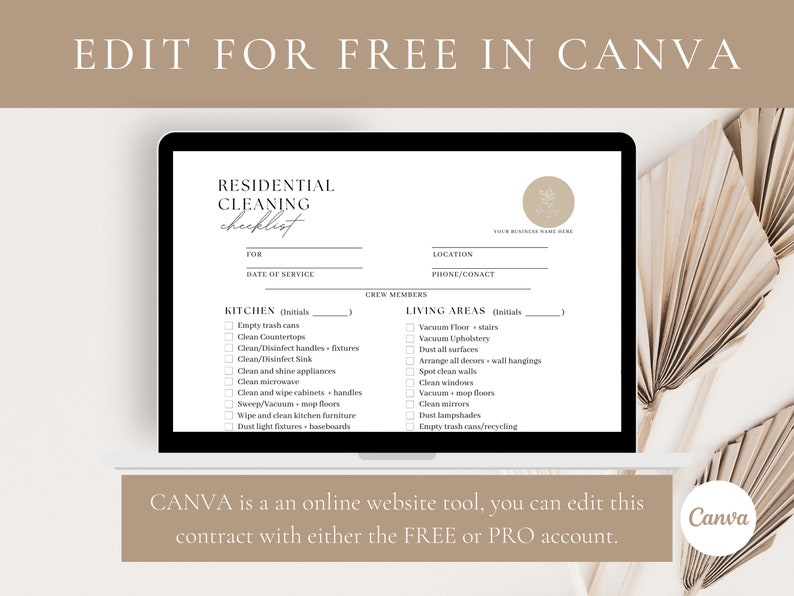 May include: A digital checklist for residential cleaning services. The checklist includes sections for kitchen and living areas with tasks such as emptying trash cans, cleaning countertops, vacuuming floors, and dusting surfaces. The text "EDIT FOR FREE IN CANVA" appears at the top of the image.