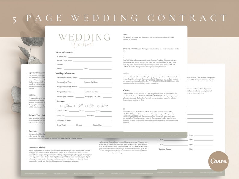 Wedding Photography Contract Template, Photography Forms, 5 page Contract Template,Photography Contract for Photographers,CANVA Template zdjęcie 3