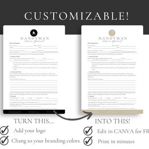 Puede incluir: Una plantilla de contrato de servicio de manitas personalizable en blanco y negro con un logotipo y el texto "HANDYMAN Service Agreement". La plantilla se puede editar gratis en Canva e imprimir en minutos.