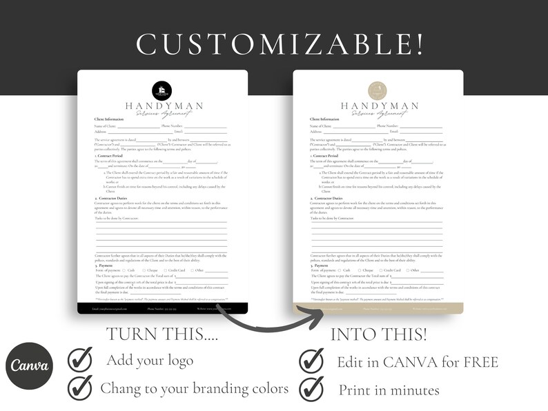 Puede incluir: Una plantilla de contrato de servicio de manitas personalizable en blanco y negro con un logotipo y el texto "HANDYMAN Service Agreement". La plantilla se puede editar gratis en Canva e imprimir en minutos.