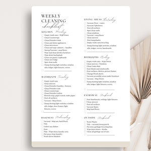 May include: A printable weekly cleaning checklist with a beige background and a palm leaf design. The checklist is divided into daily tasks for each room of the house, including the kitchen, bathroom, living areas, bedrooms, entryway, basement, and outside.