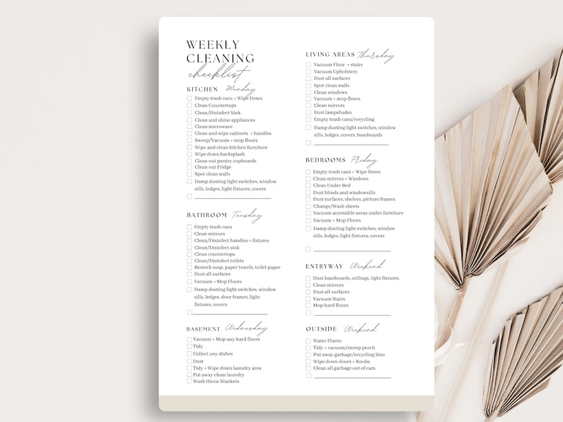 May include: A printable weekly cleaning checklist with a beige background and a palm leaf design. The checklist is divided into daily tasks for each room of the house, including the kitchen, bathroom, living areas, bedrooms, entryway, basement, and outside.