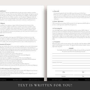 Puede incluir: Un documento en blanco y negro con un acuerdo de contrato legal para servicios de mantenimiento. El documento incluye secciones para indemnizaci&oacute;n, fuerza mayor, terminaci&oacute;n del contrato, ley aplicable, aceptaci&oacute;n y un cronograma de trabajo. El documento incluye espacios para que el cliente y el contratista firmen y pongan la fecha.