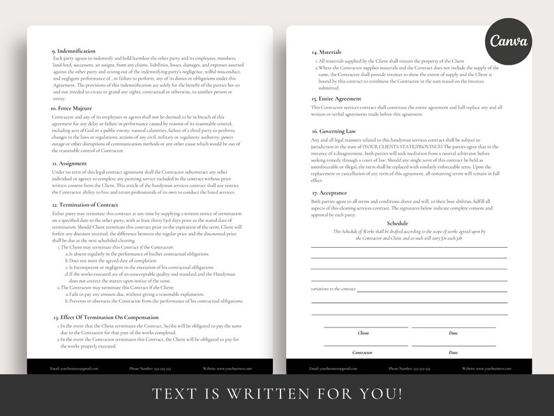 Puede incluir: Un documento en blanco y negro con un acuerdo de contrato legal para servicios de mantenimiento. El documento incluye secciones para indemnizaci&oacute;n, fuerza mayor, terminaci&oacute;n del contrato, ley aplicable, aceptaci&oacute;n y un cronograma de trabajo. El documento incluye espacios para que el cliente y el contratista firmen y pongan la fecha.