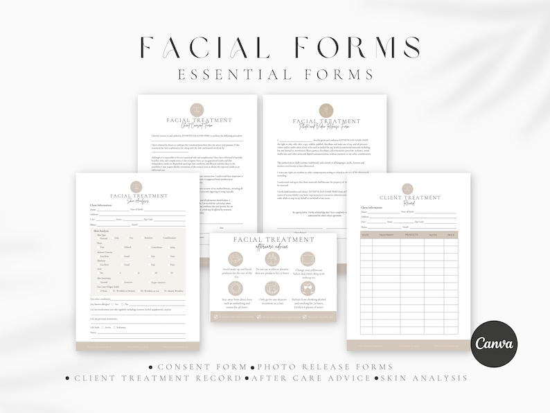 May include: A set of printable forms for facial treatments. The forms include a client treatment record, consent form, photo release form, after care advice, and skin analysis. The forms are designed in a minimalist style with a beige and white color scheme.