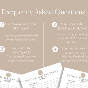 Puede incluir: Gr&aacute;fico beige con el texto "Preguntas frecuentes" en la parte superior. Debajo hay cuatro preguntas y respuestas sobre contratos PDF descargables para peinados de novia, incluidos los cambios de fuente y color.