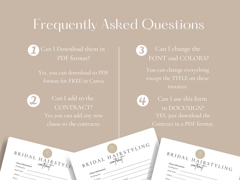 Puede incluir: Gr&aacute;fico beige con el texto "Preguntas frecuentes" en la parte superior. Debajo hay cuatro preguntas y respuestas sobre contratos PDF descargables para peinados de novia, incluidos los cambios de fuente y color.