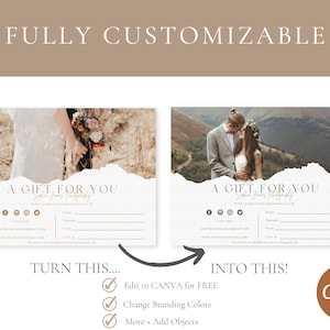 May include: A customizable gift certificate template featuring a couple in a wedding setting. The template has a white background with a torn paper effect and includes space for the recipient's name, occasion, and amount. The text "A Gift For You" is written in a script font at the top of the certificate.