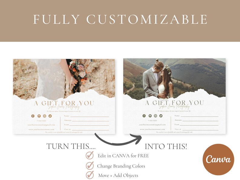 May include: A customizable gift certificate template featuring a couple in a wedding setting. The template has a white background with a torn paper effect and includes space for the recipient's name, occasion, and amount. The text "A Gift For You" is written in a script font at the top of the certificate.