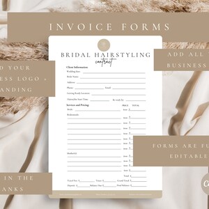 Puede incluir: Un formulario de contrato de peinado nupcial blanco con cuadros de texto para la informaci&oacute;n del cliente, los servicios y los precios. El formulario incluye el texto "Invoice Forms", "Add your business logo + branding", "Add all your business info", "Fill in the blanks" y "Forms are fully editable".