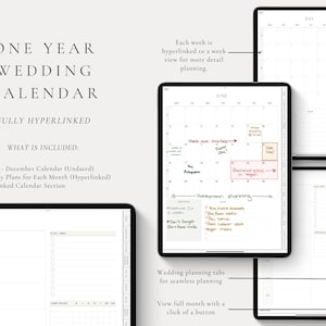 May include: A digital planner for wedding planning with a calendar view for each month and weekly plans. The planner is fully hyperlinked and includes a calendar section, weekly plans for each month, and a calendar for each month. The image shows a June calendar with handwritten notes for wedding planning.