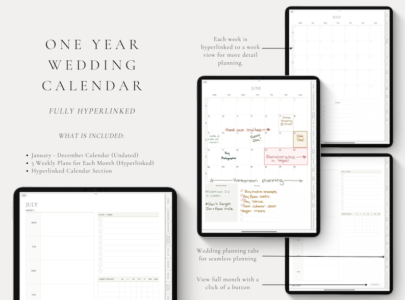 May include: A digital planner for wedding planning with a calendar view for each month and weekly plans. The planner is fully hyperlinked and includes a calendar section, weekly plans for each month, and a calendar for each month. The image shows a June calendar with handwritten notes for wedding planning.
