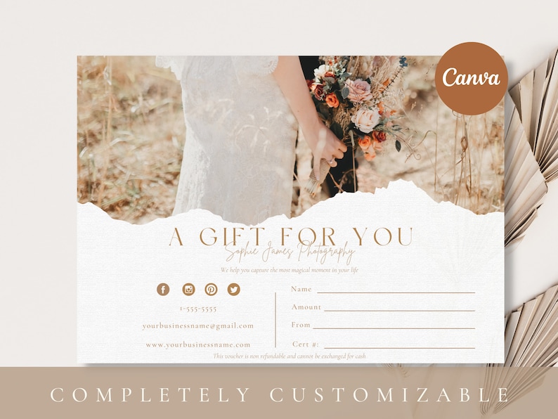 May include: A gift certificate for photography services from Sophie James Photography. The certificate is a white, torn-edged card with brown text. The text reads "A Gift For You" and "Sophie James Photography". The certificate has a brown background image of a bride holding a bouquet of flowers.